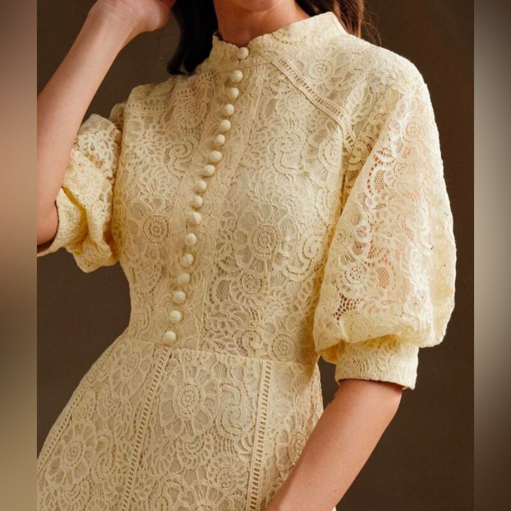 WSTA Cream Lace Puff-Sleeve Maxi Dress